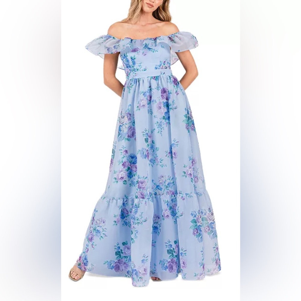 NWT B Darlin Juniors Floral Off-The-Shoulder Ruffle Gown